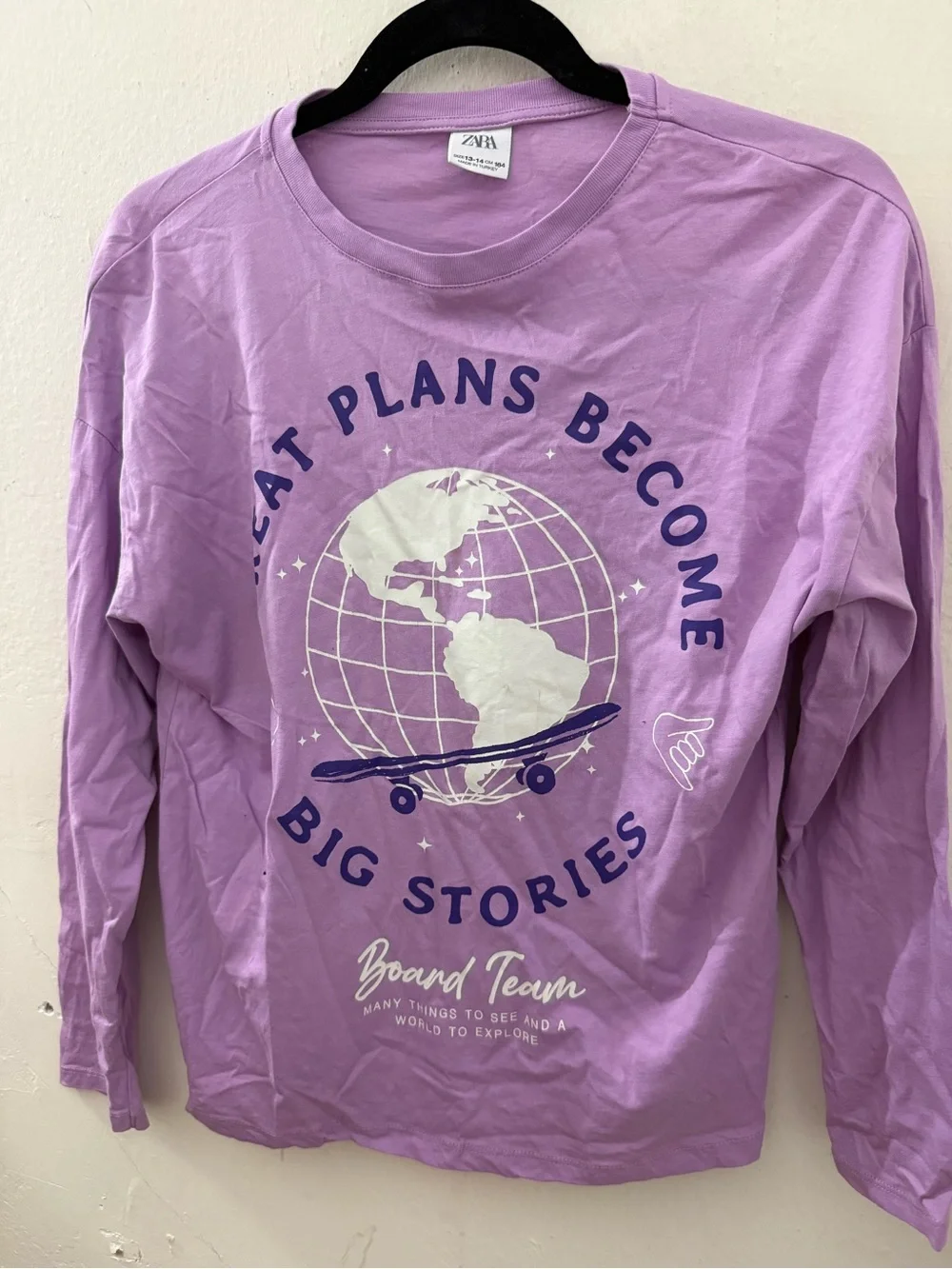 Zara Lavender Long-Sleeve Graphic Tee with Globe Skateboard Print
